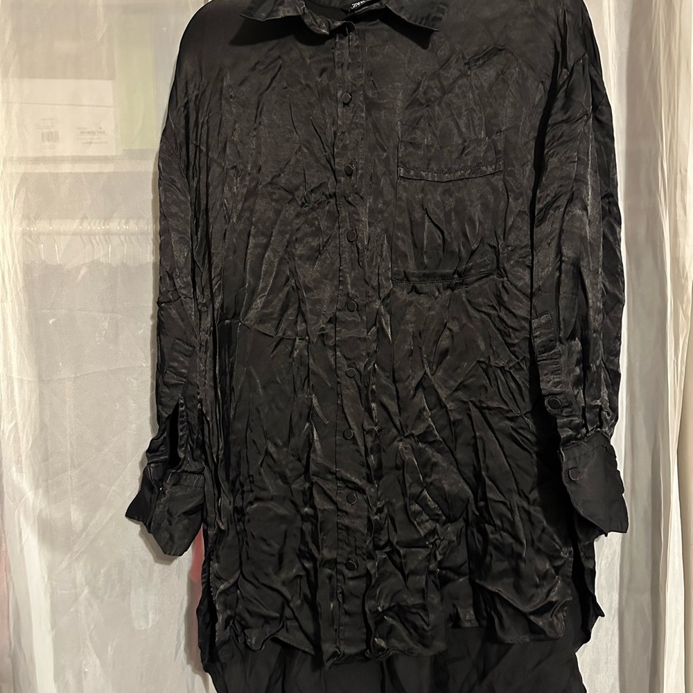 Zara Satin Effect Black Long Sleeve Dress
